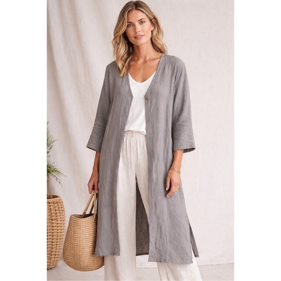 Dolma Tops - Dolma Gray Linen Tunic Duster Lagenlook Minimalist Oversized Artsy Long Top M-L